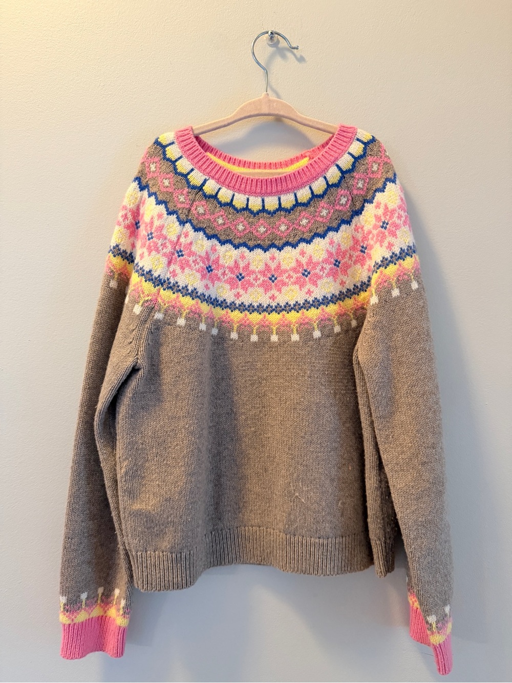 Mini Boden Brown Fair Isle Yoke Sweater with Pink Trim 9-10 years